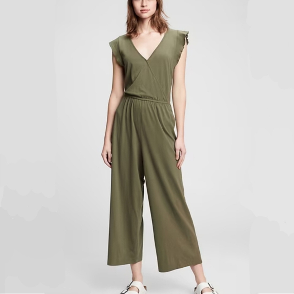 GAP Olive Green Women's Wrap Front V-neck Jumpsuit Ruffle Sleeves